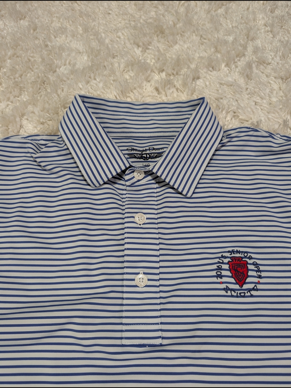 2016 US Sr Open Striped Blue and White Polo with Embroidered Crest